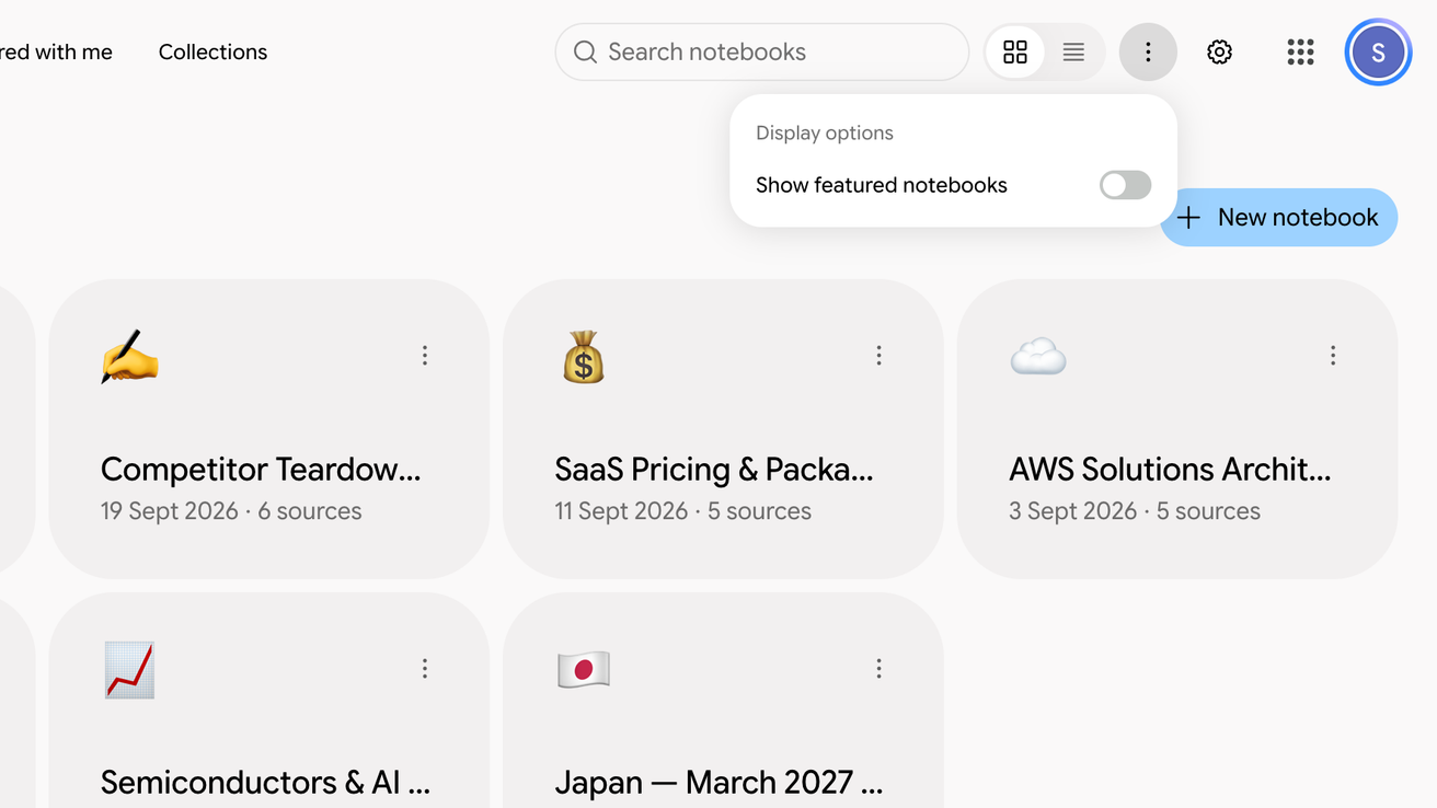 Click More at the top right, then turn off Show featured notebooks